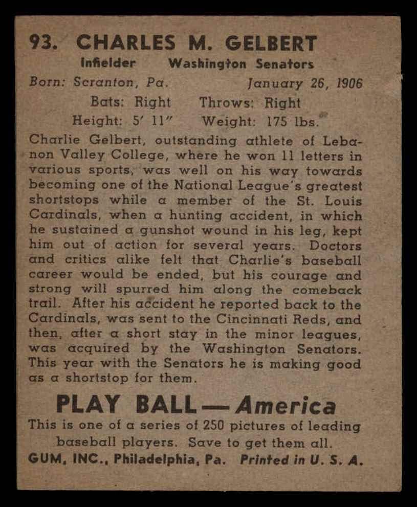 1939 משחק כדור 93 צ'רלי גלברט וושינגטון סנאטורים לשעבר סנאטורים