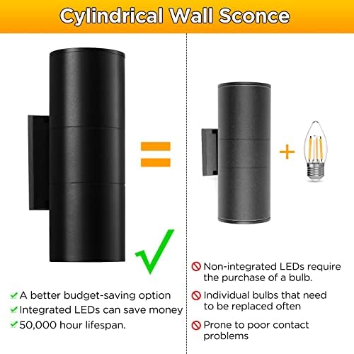 S Sunsbell אור מרפסת חיצונית מודרנית, 2 חבילות תאורה חיצונית מתקן אלומיניום צילינדר כלפי מטה קיר הר אור 6W, 3100K קיר SCONCE IP65 אטום