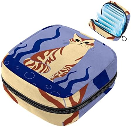 תיק אחסון מפיות סניטרי, שקית כרית הווסת ספינות תחתונים מחזיק טמפון מוצר נשי עם רוכסן לנשים נערות נשים, חתול עם כחול