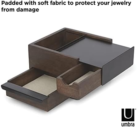 קופסת תכשיטים של Umbra Mini Stowit - מארגן אחסון מזכרת מודרני עם מגירות תא נסתרות לטבעת, צמיד, שעון, שרשרת, עגילים ואביזרים, שחור/אגוז