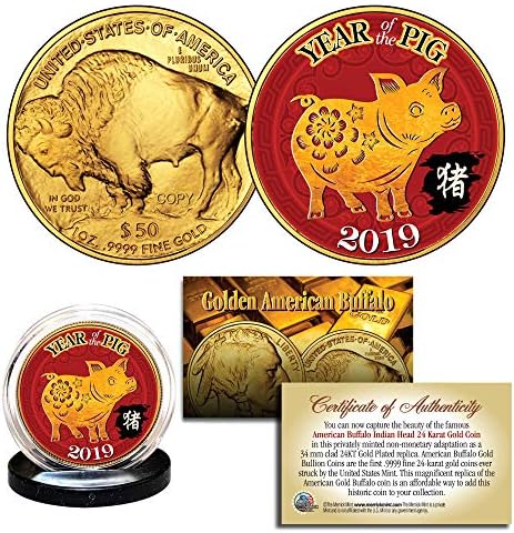 לשנת 2019 השנה החדשה של החזיר של החזיר 24K זהב 50 $ מטבע מחווה באפלו אמריקאי