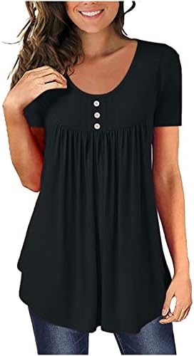 חולצות נשים קיץ, קצר שרוול זורם קפלים טי חולצות עם כפתורים מתגנדר מקרית עגול צוואר קומפי טוניקות חולצות