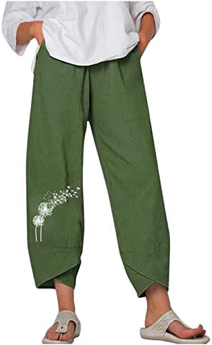 מכנסי פשתן Lcziwo לנשים מזדמנים אלסטיים מותניים גבוהים רחבים קצוצים עבודה רופפת מכנסיים באורך קרסול עם כיסים