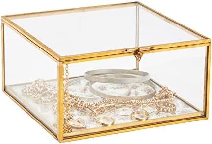 קופסת תכשיטי זכוכית קטנה לזודקה למזכרות עם מסגרת מתכת זהב, מכסה ציר, עיצוב פרחוני וינטג '