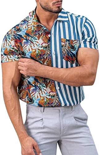ZDFER Mens Mens חולצות הוואי, טלאים מפוספסים פרחוניים שרוול קצר חוף כפתור חוף מטה חולצה חולצה חולצה מזדמנת