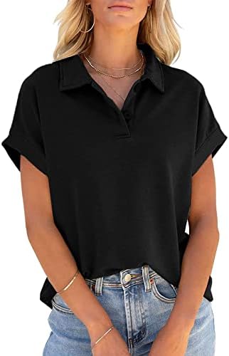 נשים מקרית כפתור פולו חולצות קיץ קצר שרוול דש חולצות מוצק צבע רופף קל משקל חולצות סוודר