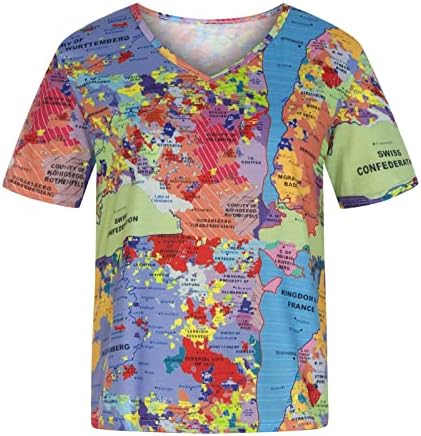 Comigeewa Map חולצות גרפיות לנשים סתיו סתיו שרוול קצר עמוק חולצות צוואר חולצות צוואר נערות נערות בגדים טרנדי