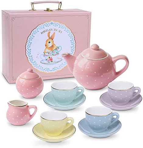 תכשיטן פורצלן תה סט עבור בנות-קרמיקה תה כוסות עם ורוד תיק נשיאה - חמוד תה סיר וכוסות סט עבור בנות תה המפלגה - מתנה אידיאלית לילדים גילים