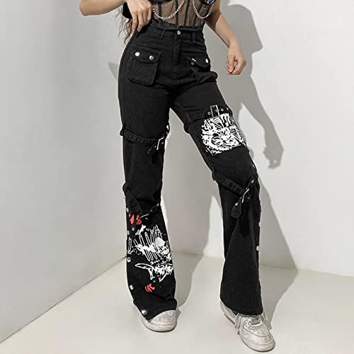 מכנסי מטען מוצקים של Cokuera מכנסי מטען מוצקים לנשים מכנסי רגל ישרים מגניבים מכנסיים גרפיקה רומן מדפיס מכנסיים מזדמנים מותניים גבוהים